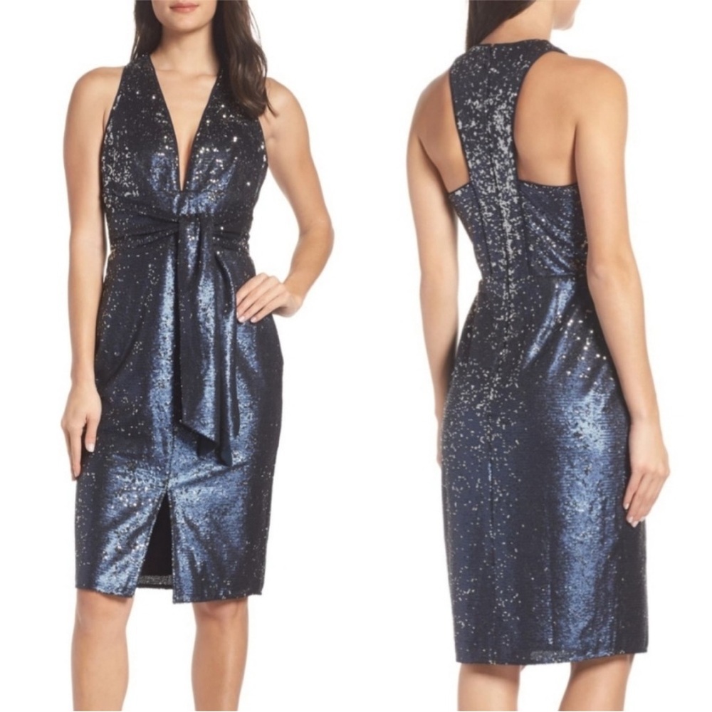 Harlyn Navy Plunge Neck Sequin Racerback Dress Size 8 Medium